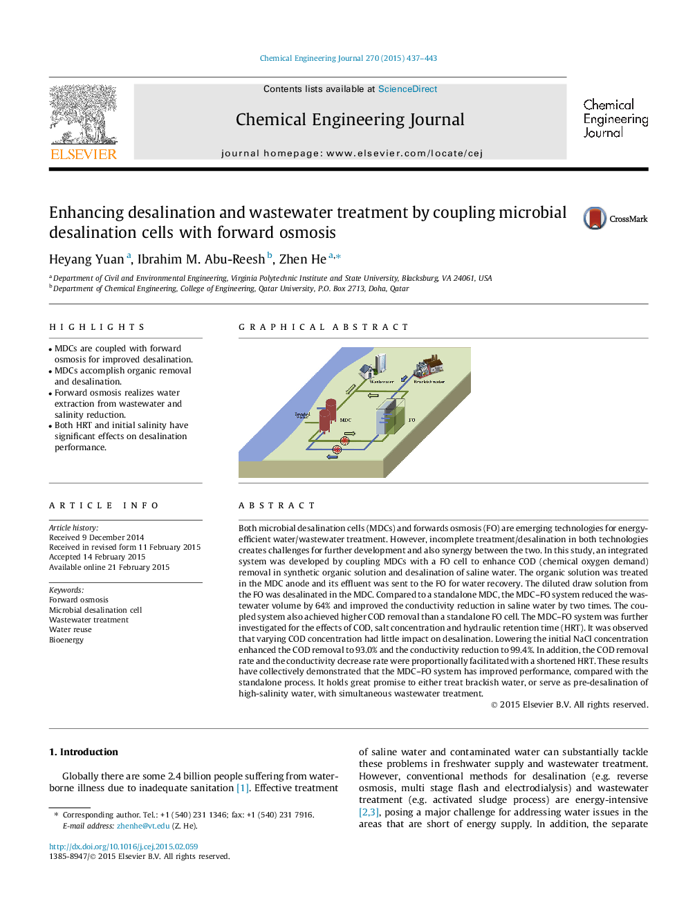 Enhancing desalination and wastewater treatment by coupling microbial desalination cells with forward osmosis