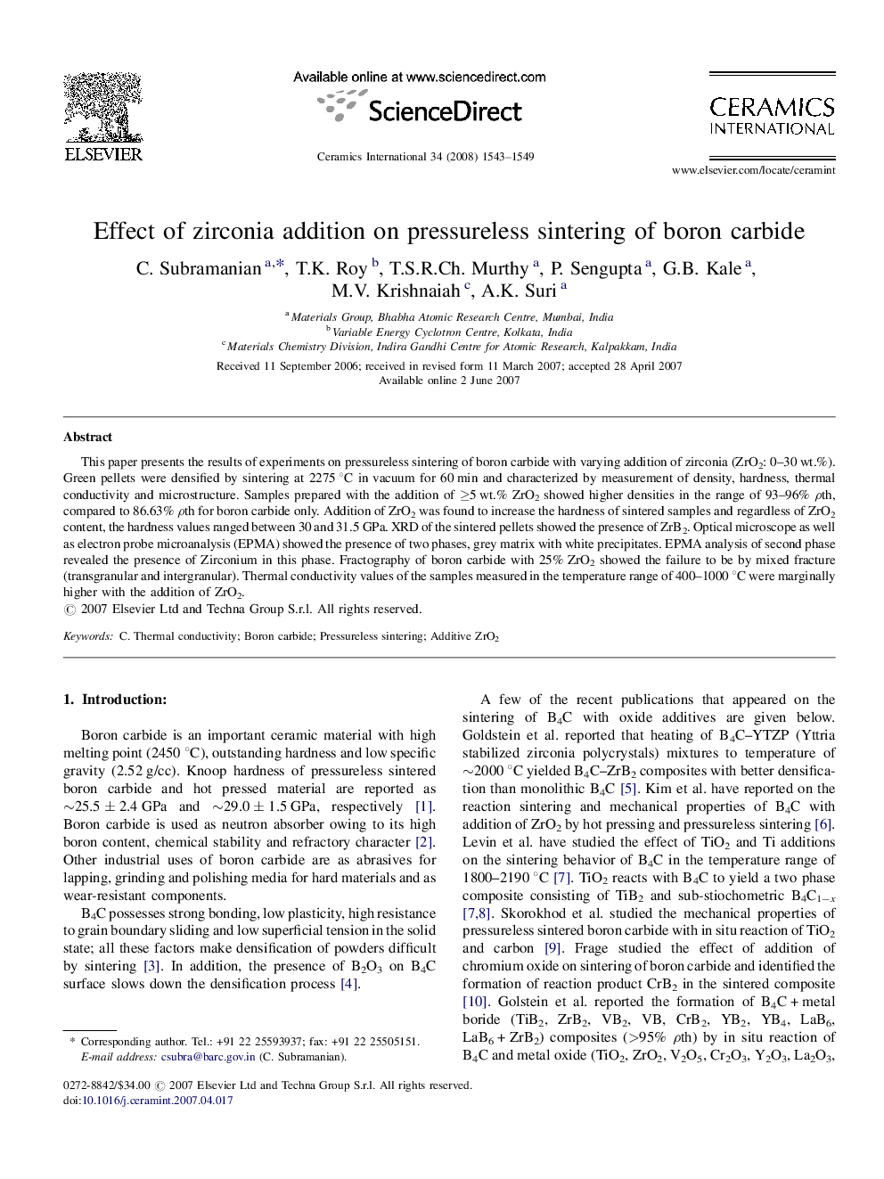 Effect of zirconia addition on pressureless sintering of boron carbide