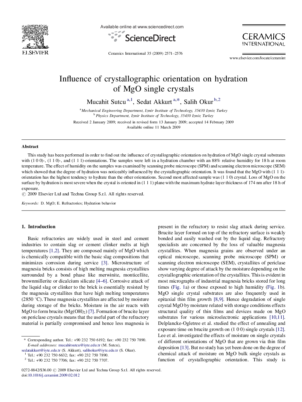 عکس صفحه اول مقاله: Influence of crystallographic orientation on hydration of MgO single crystals Influence of crystallographic orientation on hydration of MgO single crystals