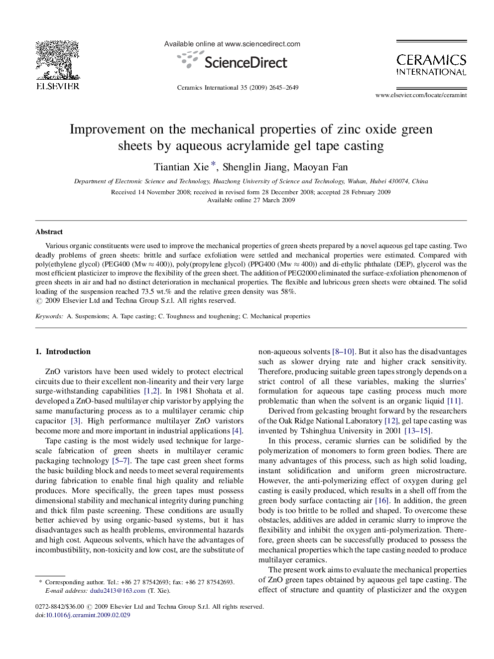 عکس صفحه اول مقاله: Improvement on the mechanical properties of zinc oxide green sheets by aqueous acrylamide gel tape casting Improvement on the mechanical properties of zinc oxide green sheets by aqueous acrylamide gel tape casting