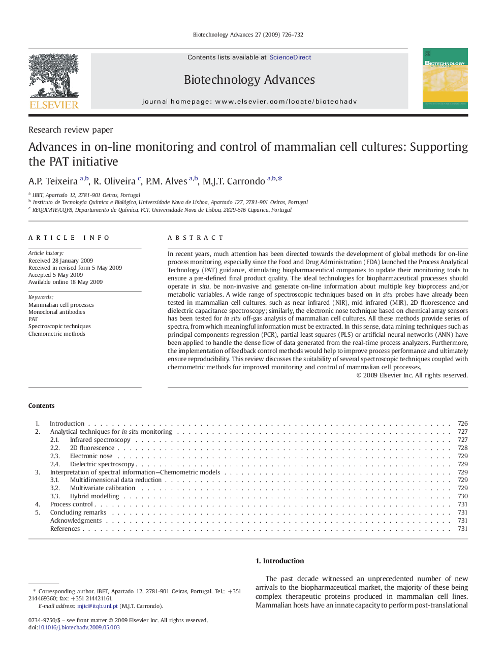 Advances in on-line monitoring and control of mammalian cell cultures: Supporting the PAT initiative