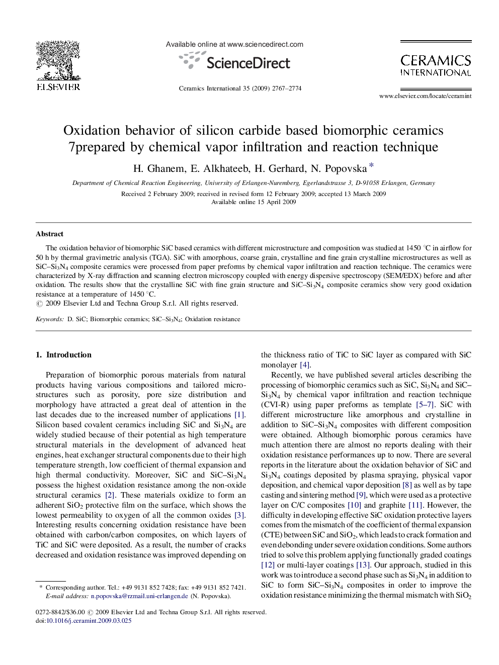 Oxidation behavior of silicon carbide based biomorphic ceramics prepared by chemical vapor infiltration and reaction technique