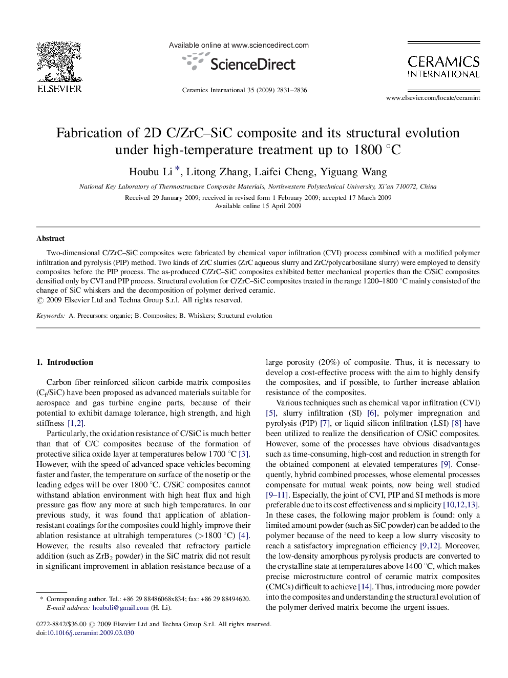 Fabrication of 2D C/ZrC–SiC composite and its structural evolution under high-temperature treatment up to 1800 °C