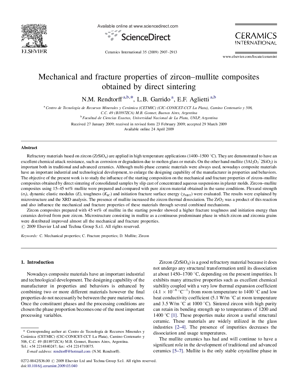 Mechanical and fracture properties of zircon–mullite composites obtained by direct sintering