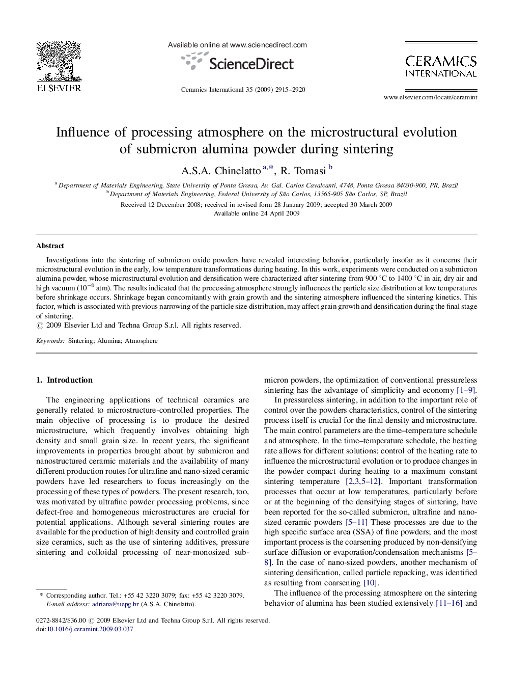 عکس صفحه اول مقاله: Influence of processing atmosphere on the microstructural evolution of submicron alumina powder during sintering Influence of processing atmosphere on the microstructural evolution of submicron alumina powder during sintering