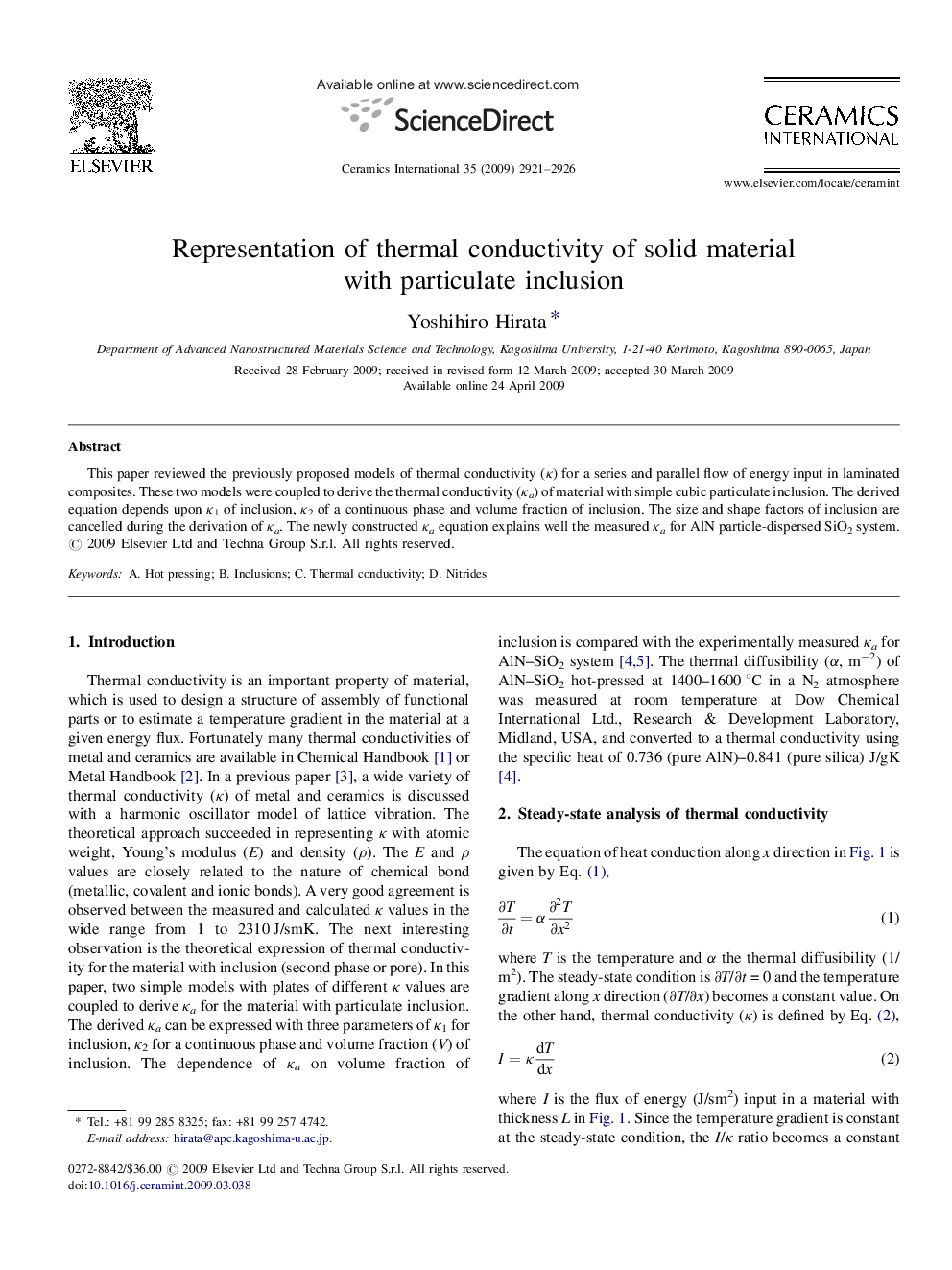 Representation of thermal conductivity of solid material with particulate inclusion