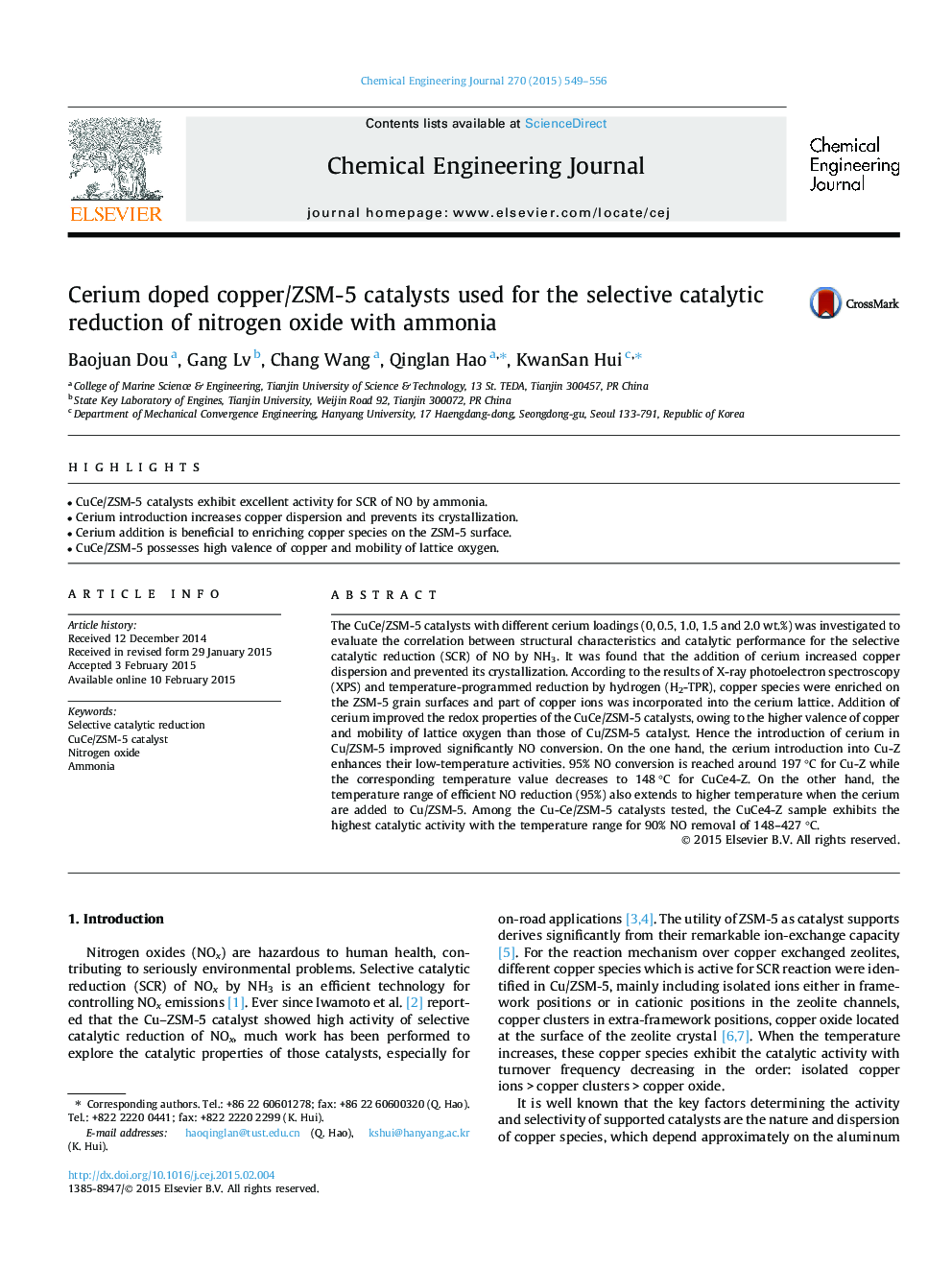 Cerium doped copper/ZSM-5 catalysts used for the selective catalytic reduction of nitrogen oxide with ammonia