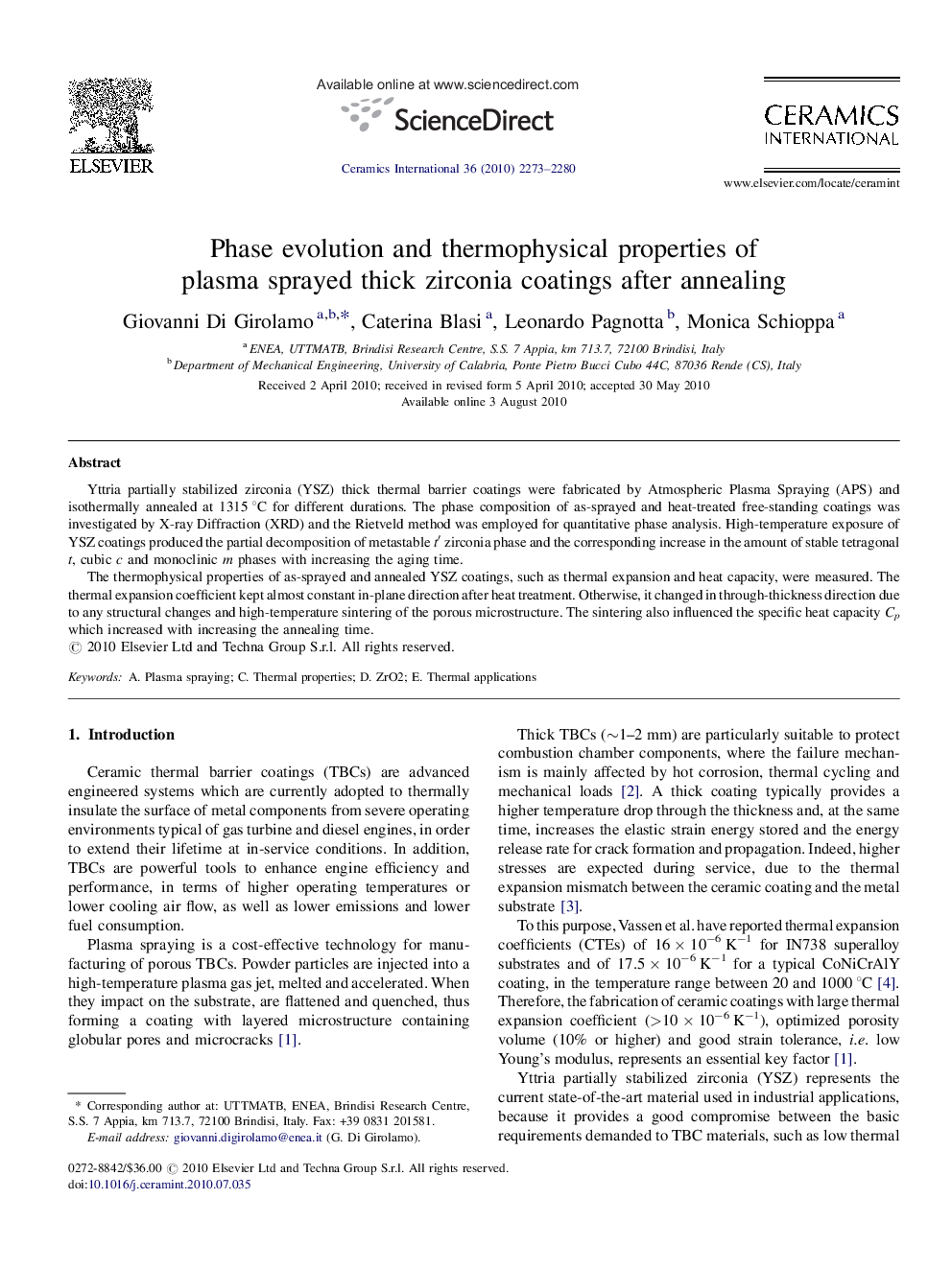 عکس صفحه اول مقاله: Phase evolution and thermophysical properties of plasma sprayed thick zirconia coatings after annealing Phase evolution and thermophysical properties of plasma sprayed thick zirconia coatings after annealing