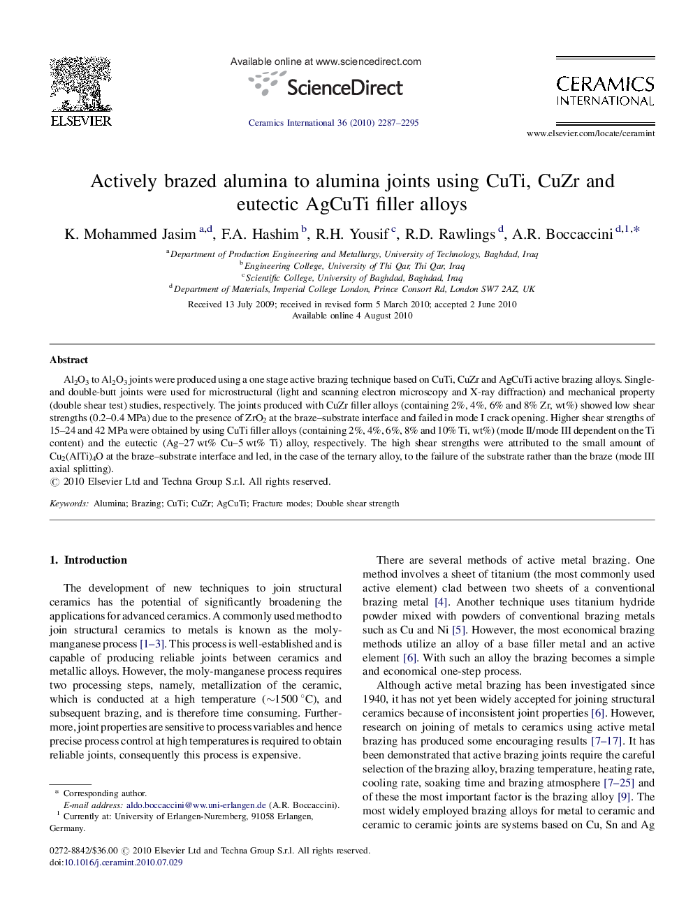 Actively brazed alumina to alumina joints using CuTi, CuZr and eutectic AgCuTi filler alloys