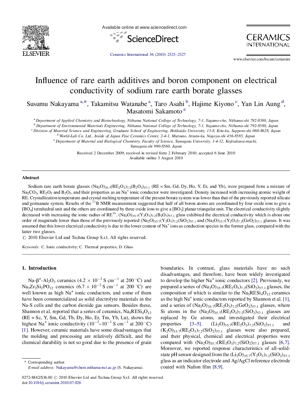 Influence of rare earth additives and boron component on electrical conductivity of sodium rare earth borate glasses