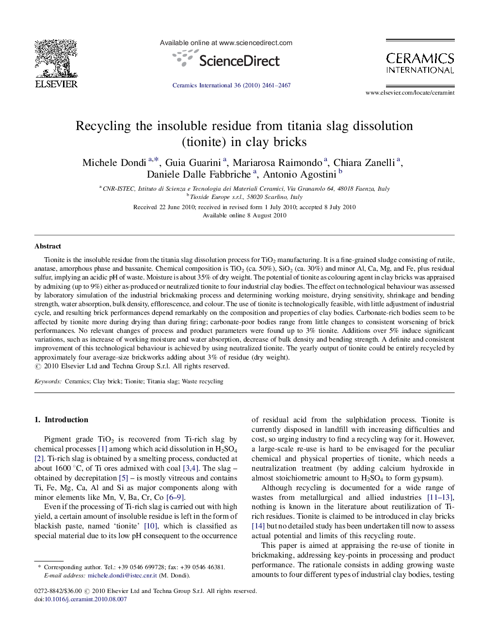 Recycling the insoluble residue from titania slag dissolution (tionite) in clay bricks