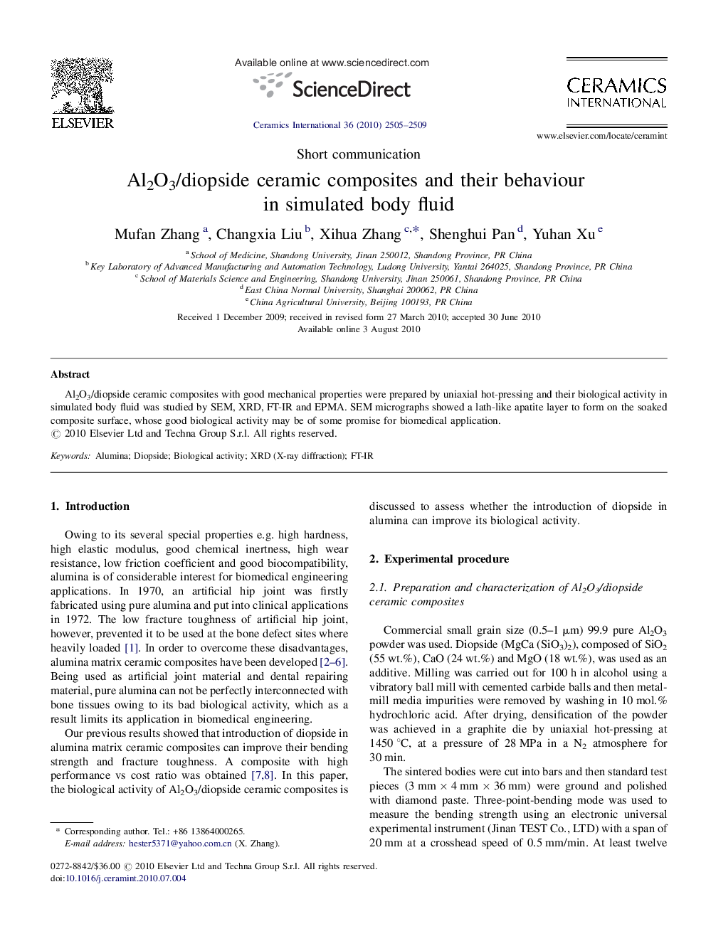 Al2O3/diopside ceramic composites and their behaviour in simulated body fluid