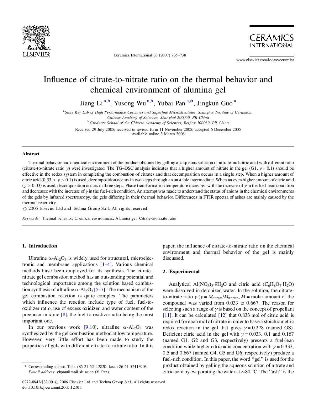 Influence of citrate-to-nitrate ratio on the thermal behavior and chemical environment of alumina gel