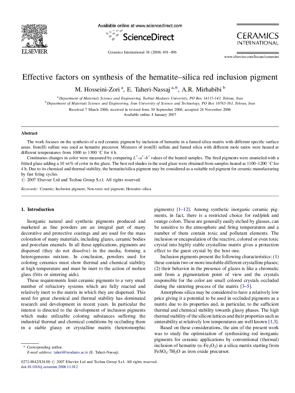 عکس صفحه اول مقاله: Effective factors on synthesis of the hematite–silica red inclusion pigment Effective factors on synthesis of the hematite–silica red inclusion pigment