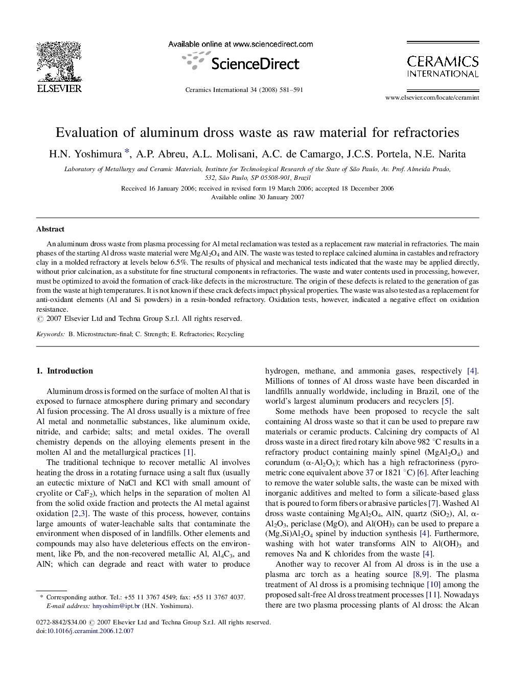 Evaluation of aluminum dross waste as raw material for refractories