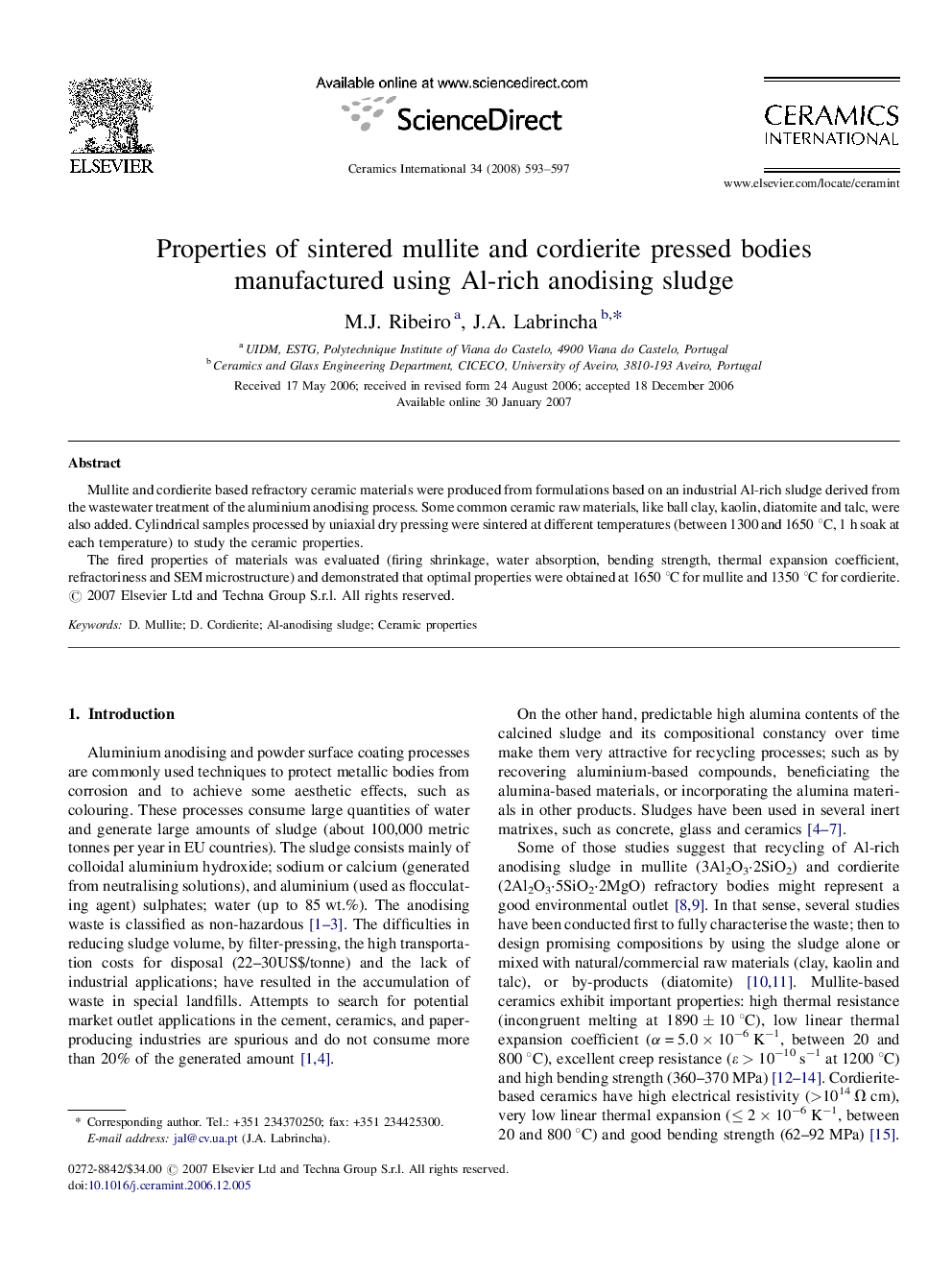 Properties of sintered mullite and cordierite pressed bodies manufactured using Al-rich anodising sludge