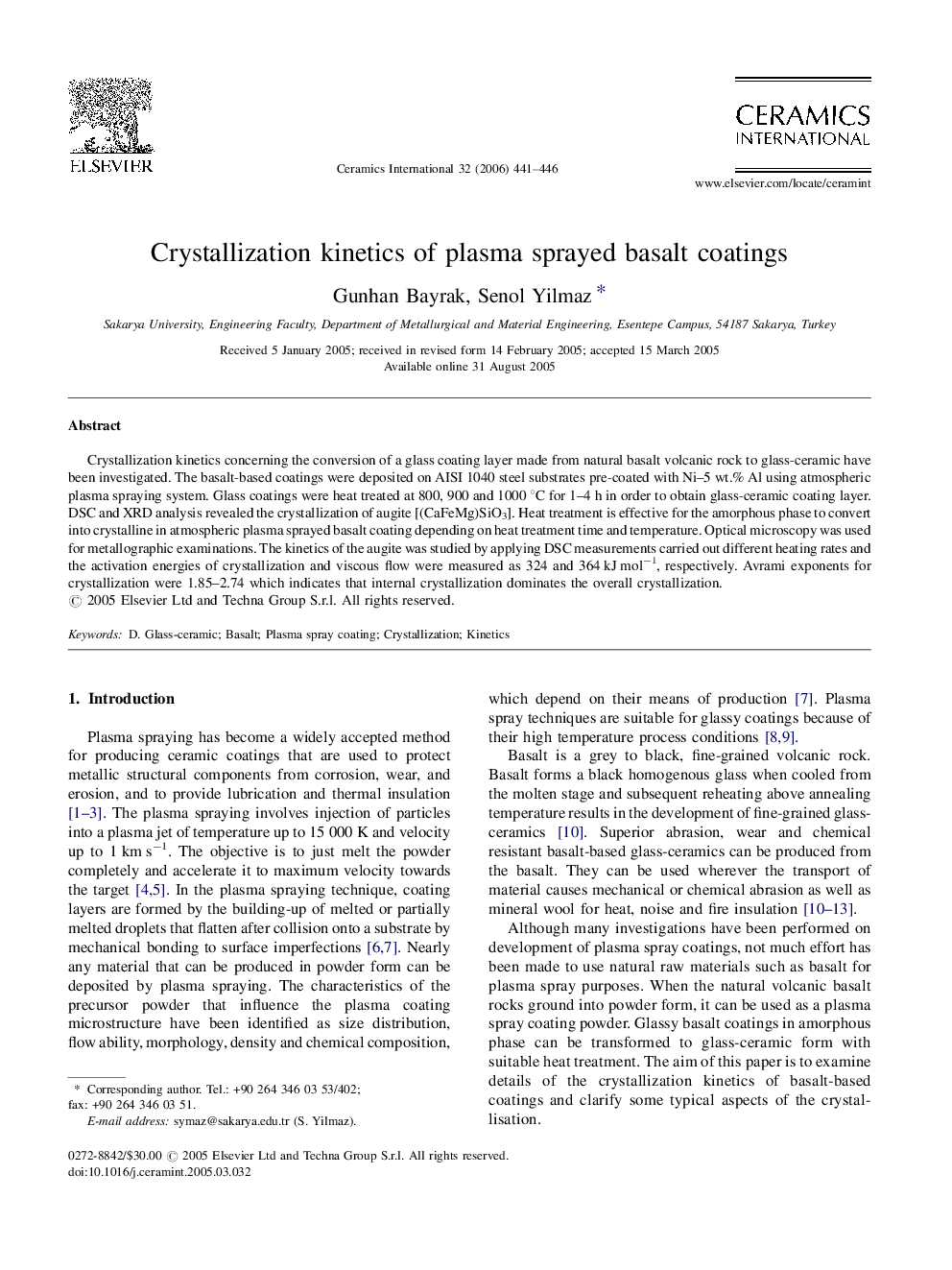 Crystallization kinetics of plasma sprayed basalt coatings