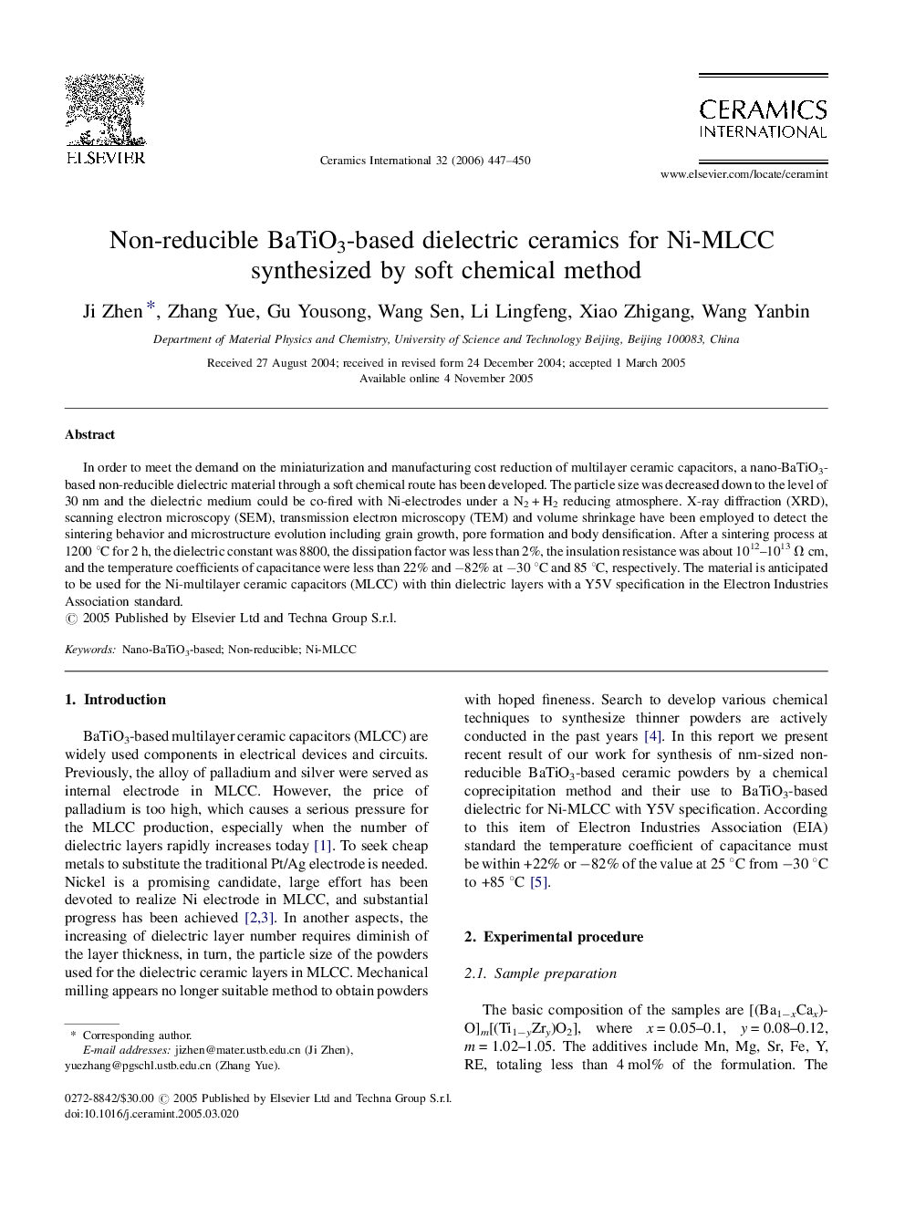 عکس صفحه اول مقاله: Non-reducible BaTiO3-based dielectric ceramics for Ni-MLCC synthesized by soft chemical method Non-reducible BaTiO3-based dielectric ceramics for Ni-MLCC synthesized by soft chemical method
