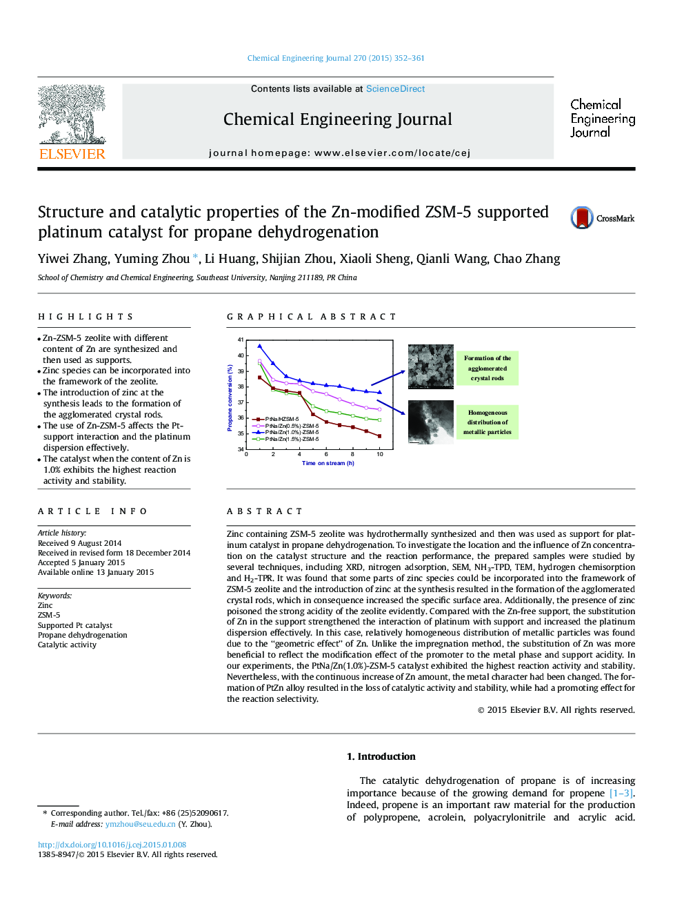 Structure and catalytic properties of the Zn-modified ZSM-5 supported platinum catalyst for propane dehydrogenation