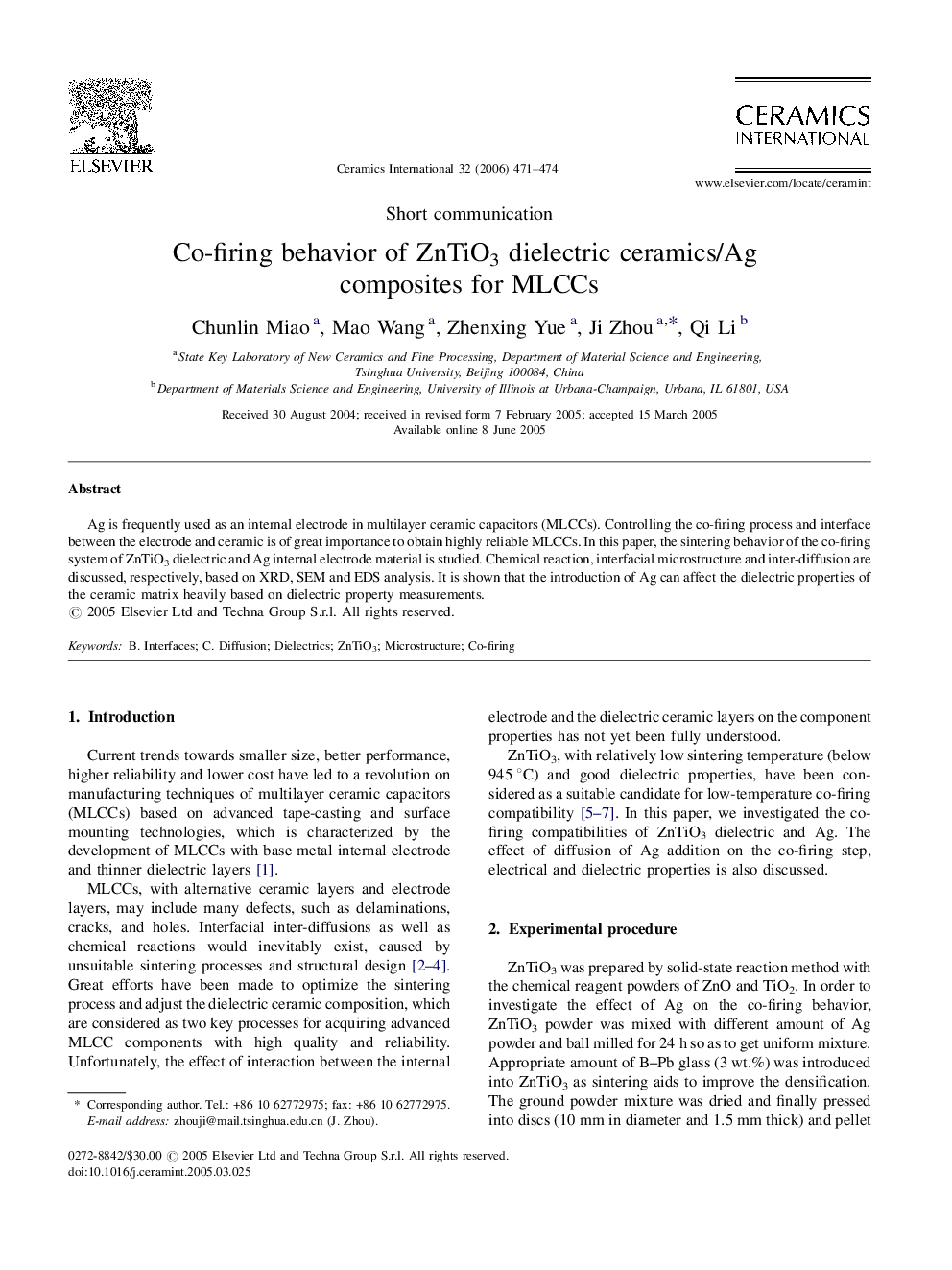 Co-firing behavior of ZnTiO3 dielectric ceramics/Ag composites for MLCCs