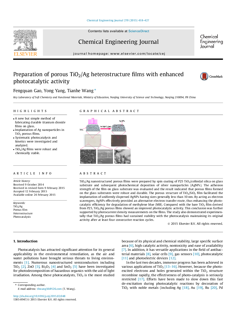 عکس صفحه اول مقاله: Preparation of porous TiO2/Ag heterostructure films with enhanced photocatalytic activity Preparation of porous TiO2/Ag heterostructure films with enhanced photocatalytic activity