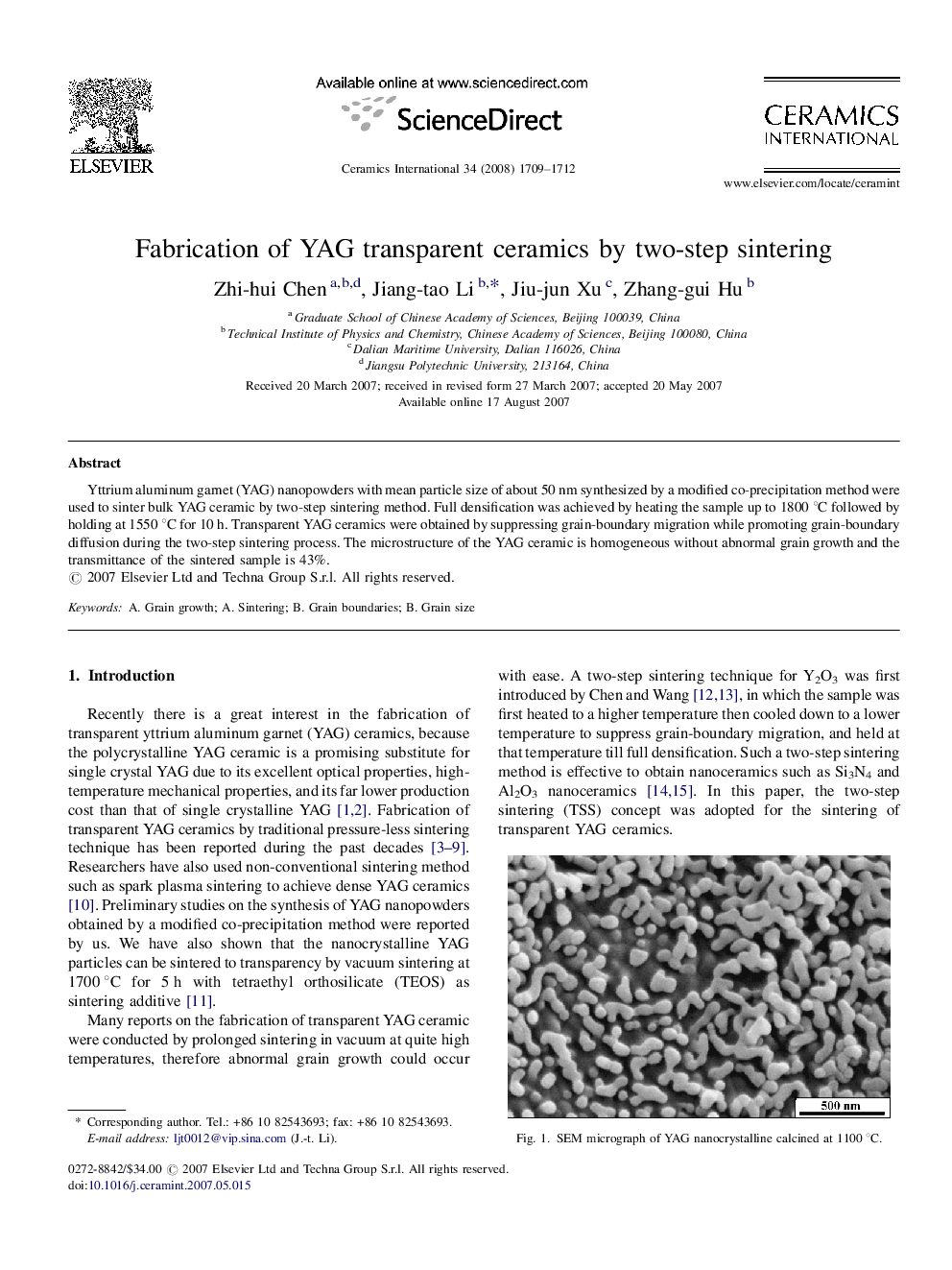 Fabrication of YAG transparent ceramics by two-step sintering