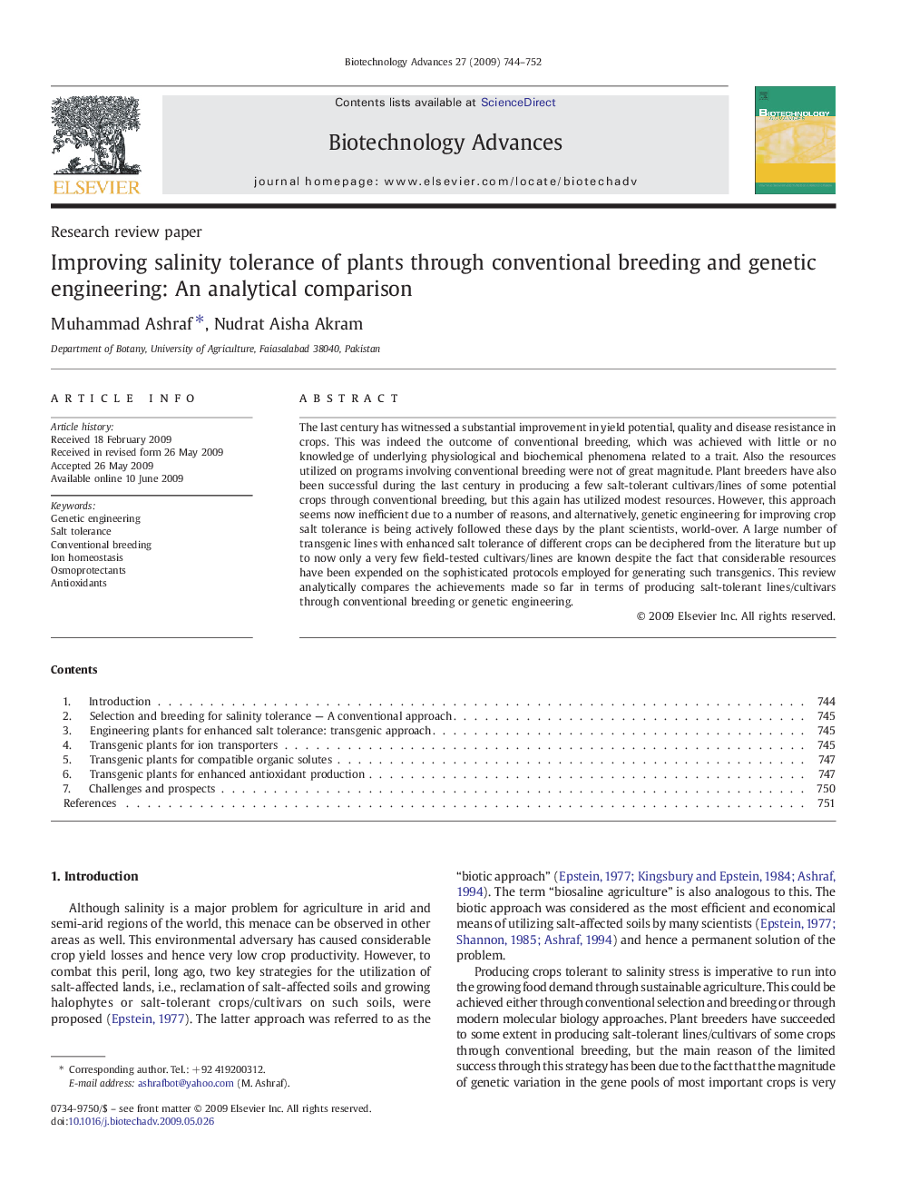 Improving salinity tolerance of plants through conventional breeding and genetic engineering: An analytical comparison