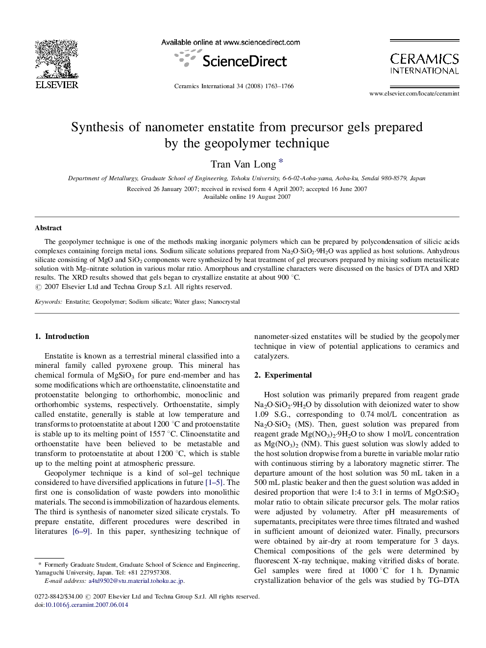 Synthesis of nanometer enstatite from precursor gels prepared by the geopolymer technique