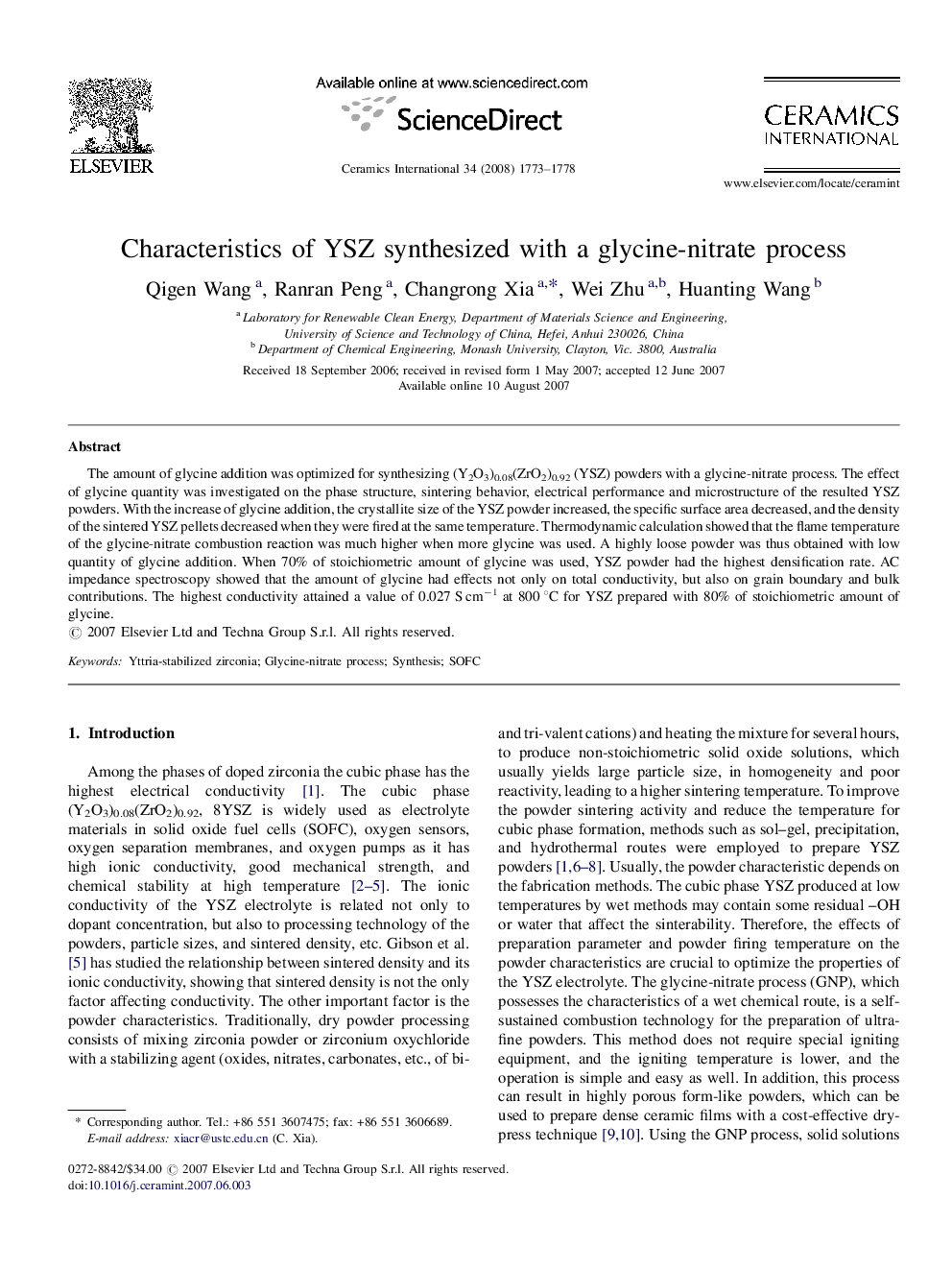 Characteristics of YSZ synthesized with a glycine-nitrate process