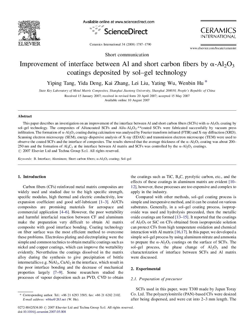 عکس صفحه اول مقاله: Improvement of interface between Al and short carbon fibers by α-Al2O3 coatings deposited by sol–gel technology Improvement of interface between Al and short carbon fibers by α-Al2O3 coatings deposited by sol–gel technology