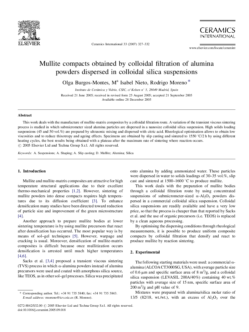 Mullite compacts obtained by colloidal filtration of alumina powders dispersed in colloidal silica suspensions