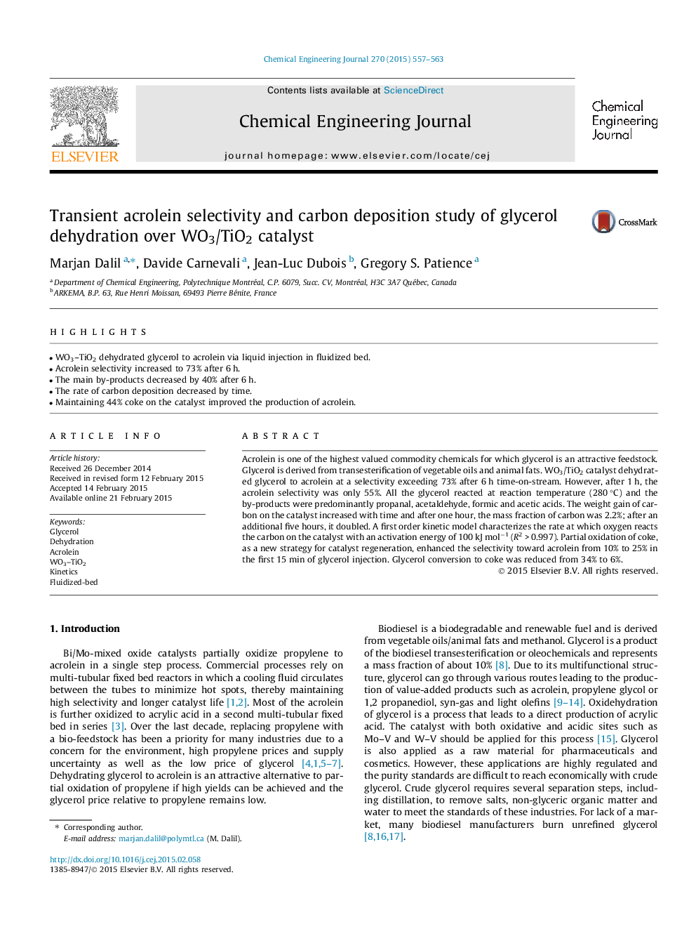 Transient acrolein selectivity and carbon deposition study of glycerol dehydration over WO3/TiO2 catalyst