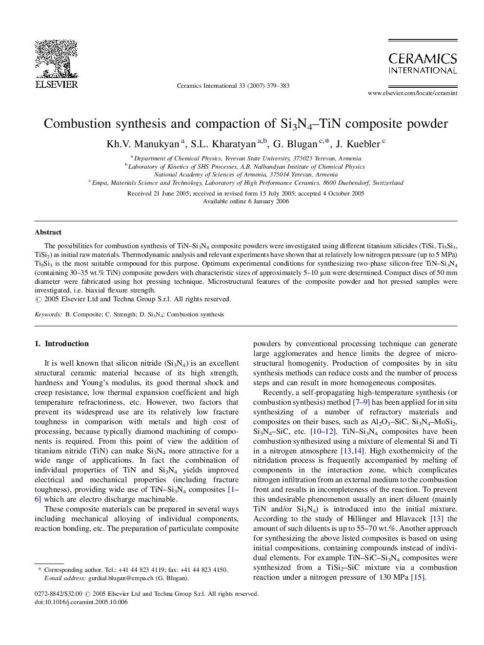 Combustion synthesis and compaction of Si3N4–TiN composite powder