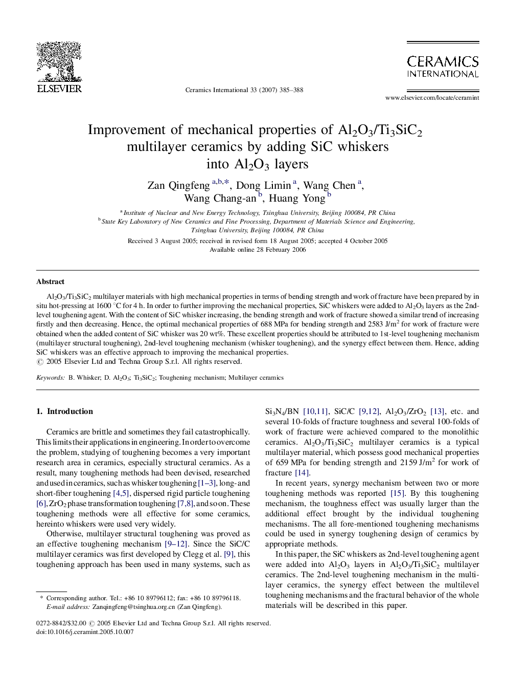 Improvement of mechanical properties of Al2O3/Ti3SiC2 multilayer ceramics by adding SiC whiskers into Al2O3 layers