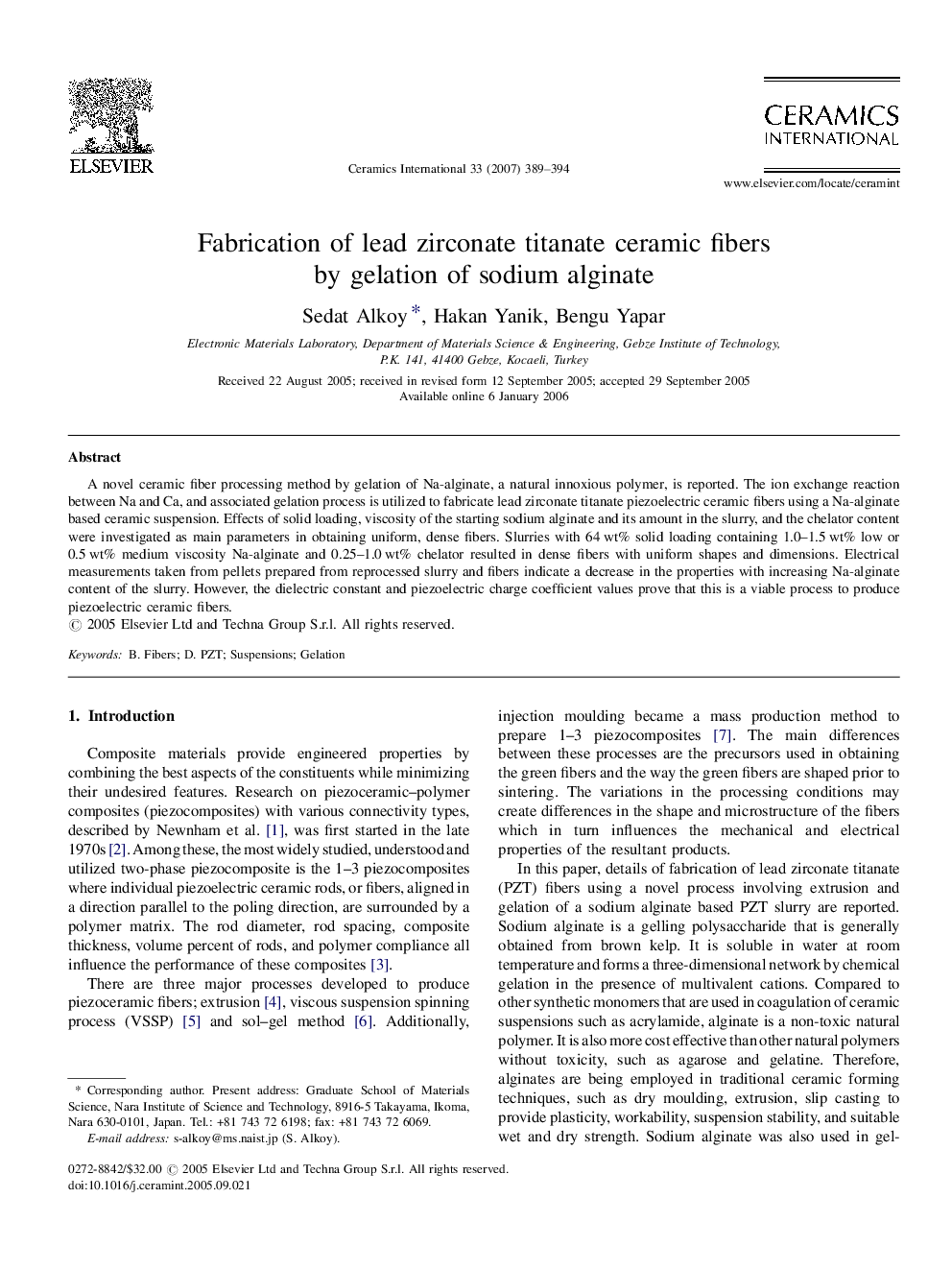 Fabrication of lead zirconate titanate ceramic fibers by gelation of sodium alginate