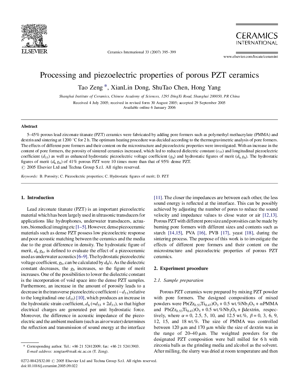 Processing and piezoelectric properties of porous PZT ceramics