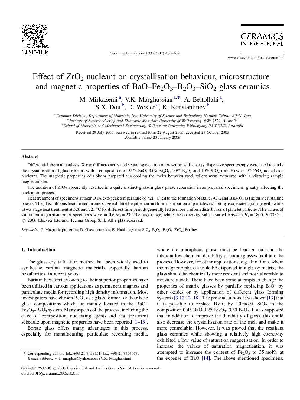 Effect of ZrO2 nucleant on crystallisation behaviour, microstructure and magnetic properties of BaO–Fe2O3–B2O3–SiO2 glass ceramics