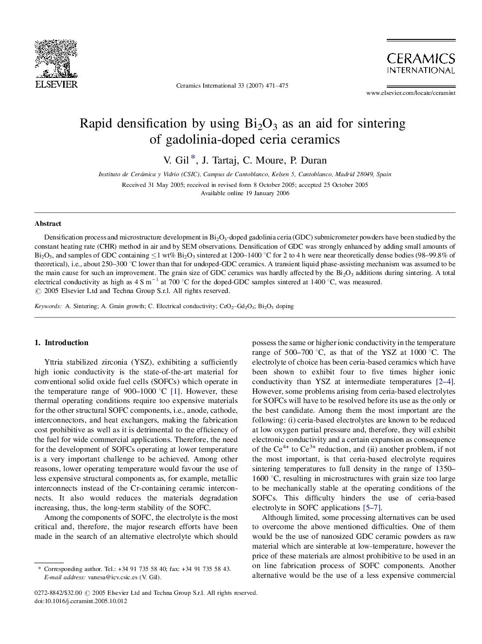 Rapid densification by using Bi2O3 as an aid for sintering of gadolinia-doped ceria ceramics