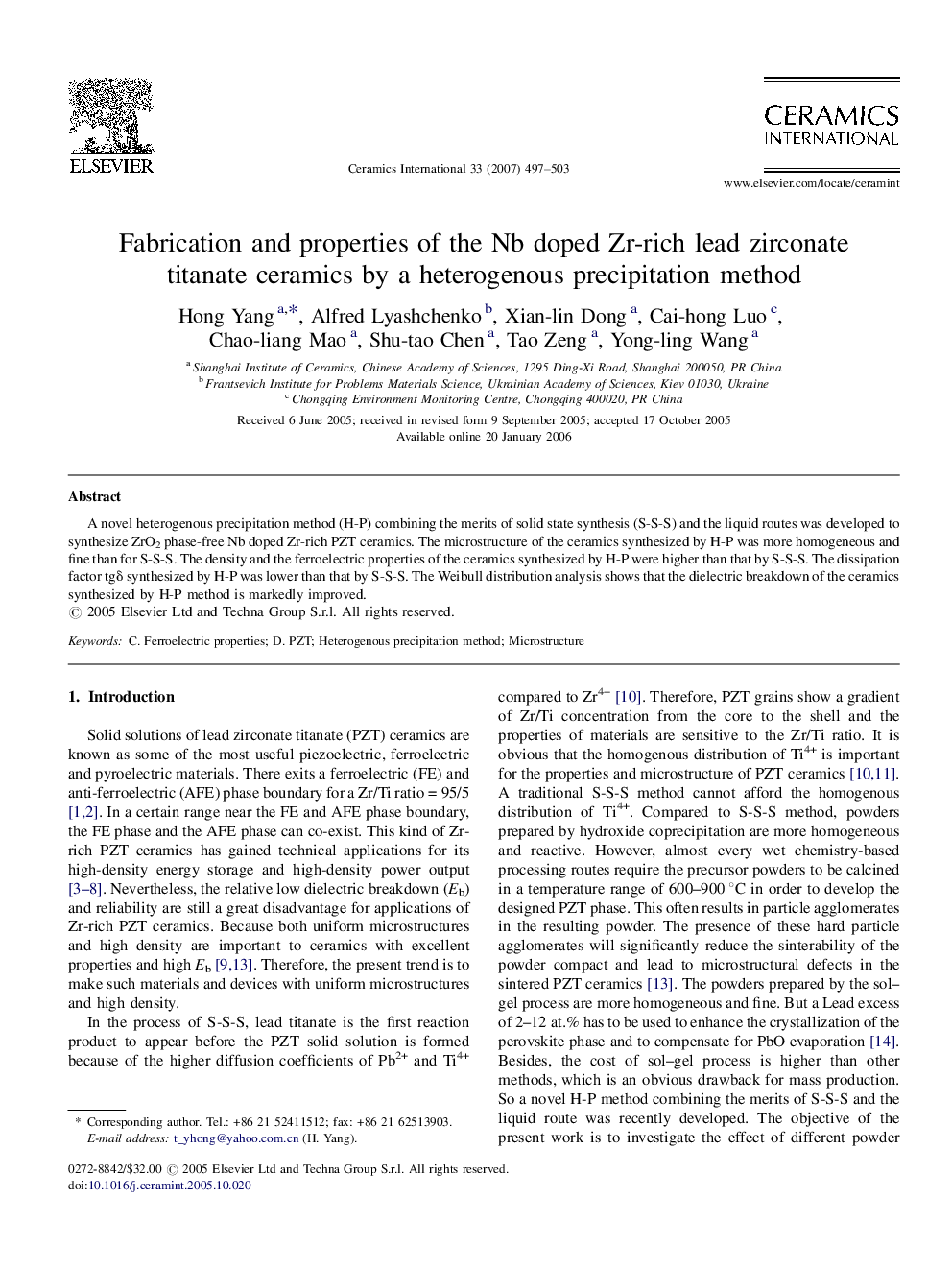 Fabrication and properties of the Nb doped Zr-rich lead zirconate titanate ceramics by a heterogenous precipitation method