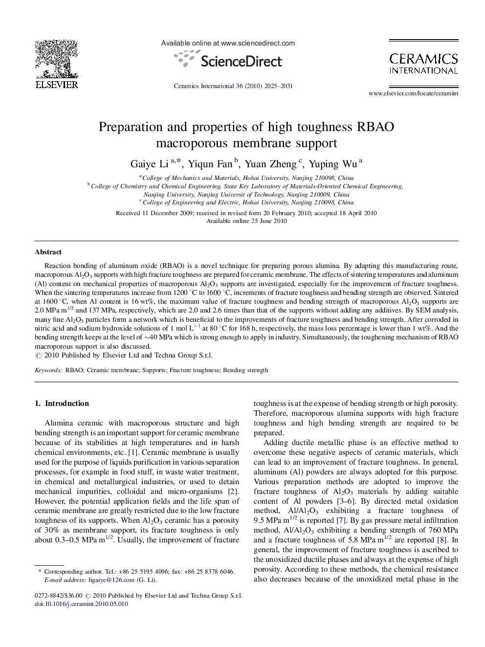 Preparation and properties of high toughness RBAO macroporous membrane support