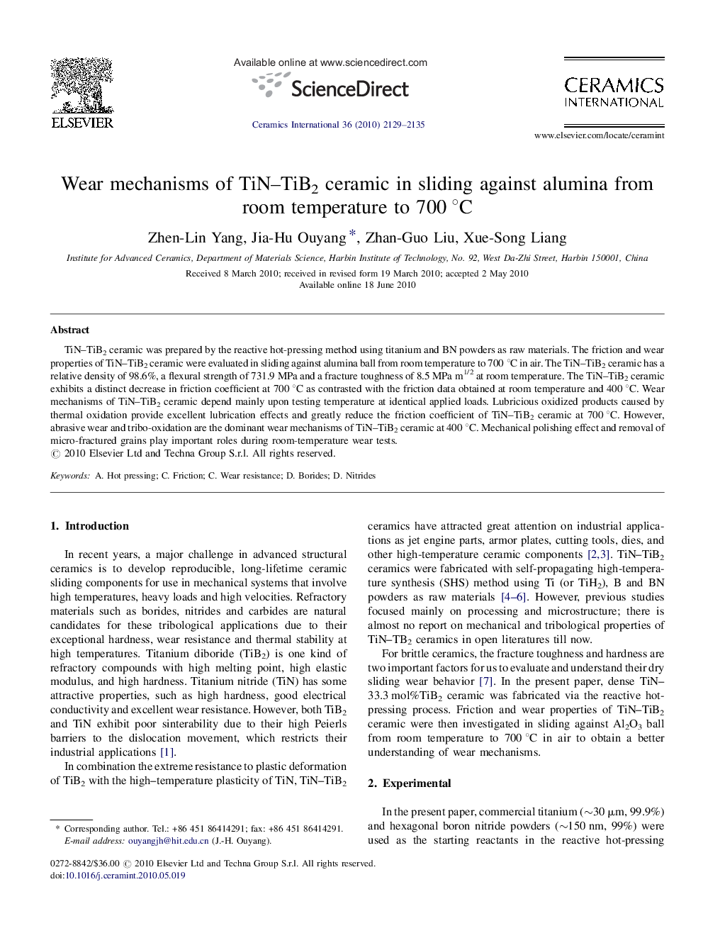 Wear mechanisms of TiN-TiB2 ceramic in sliding against alumina from room temperature to 700Â Â°C