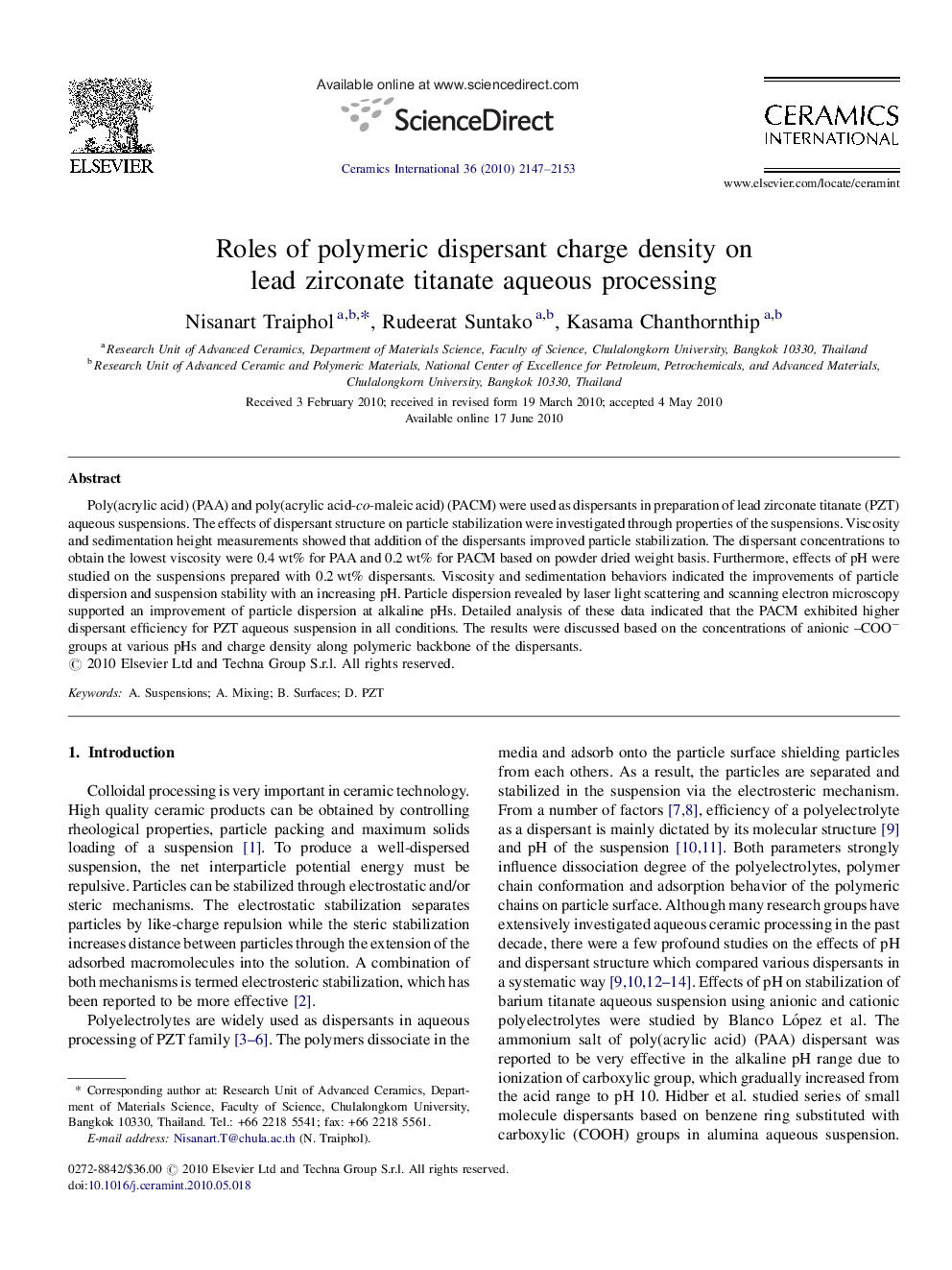 Roles of polymeric dispersant charge density on lead zirconate titanate aqueous processing