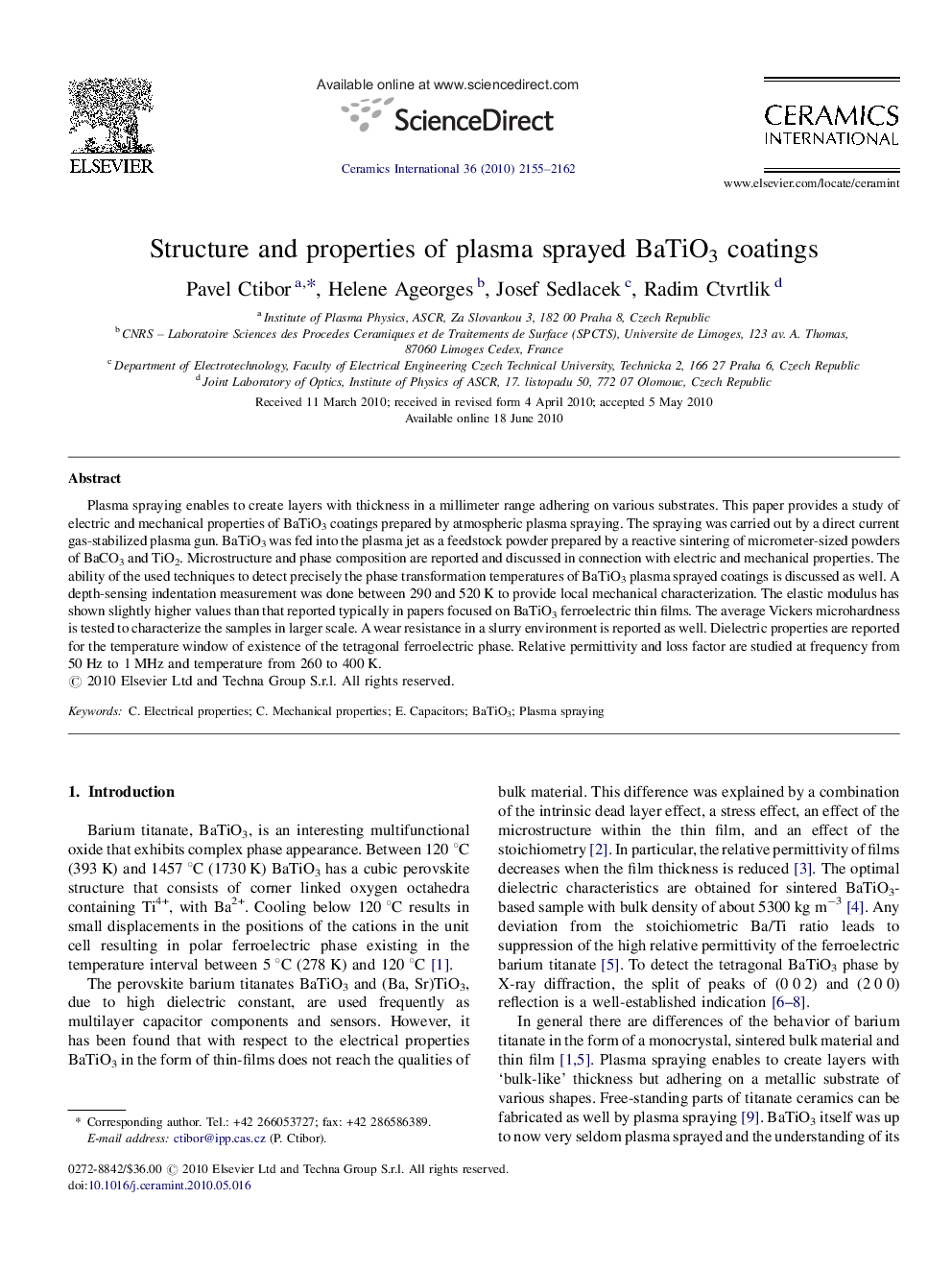 Structure and properties of plasma sprayed BaTiO3 coatings