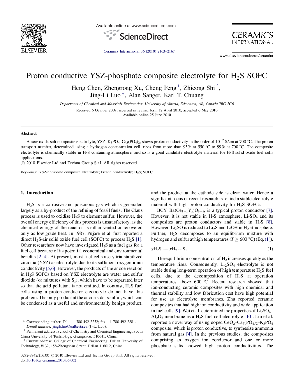 Proton conductive YSZ-phosphate composite electrolyte for H2S SOFC