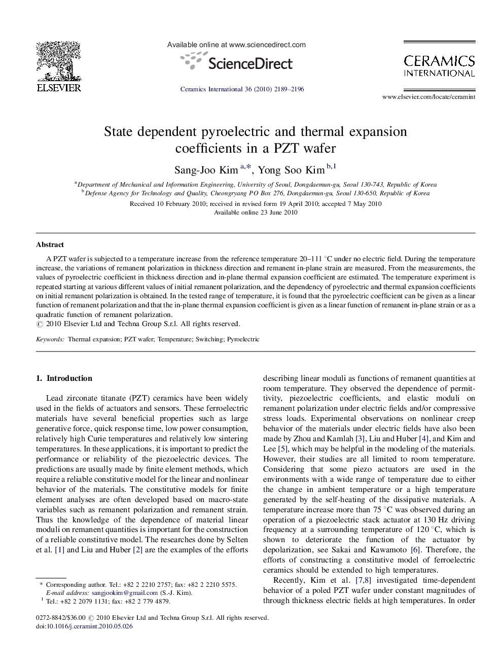 State dependent pyroelectric and thermal expansion coefficients in a PZT wafer
