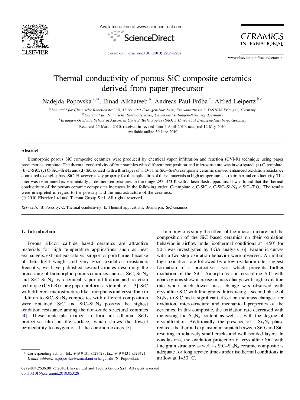 Thermal conductivity of porous SiC composite ceramics derived from paper precursor