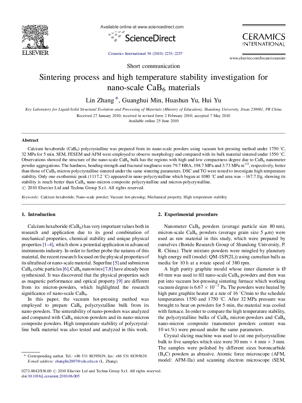 Sintering process and high temperature stability investigation for nano-scale CaB6 materials