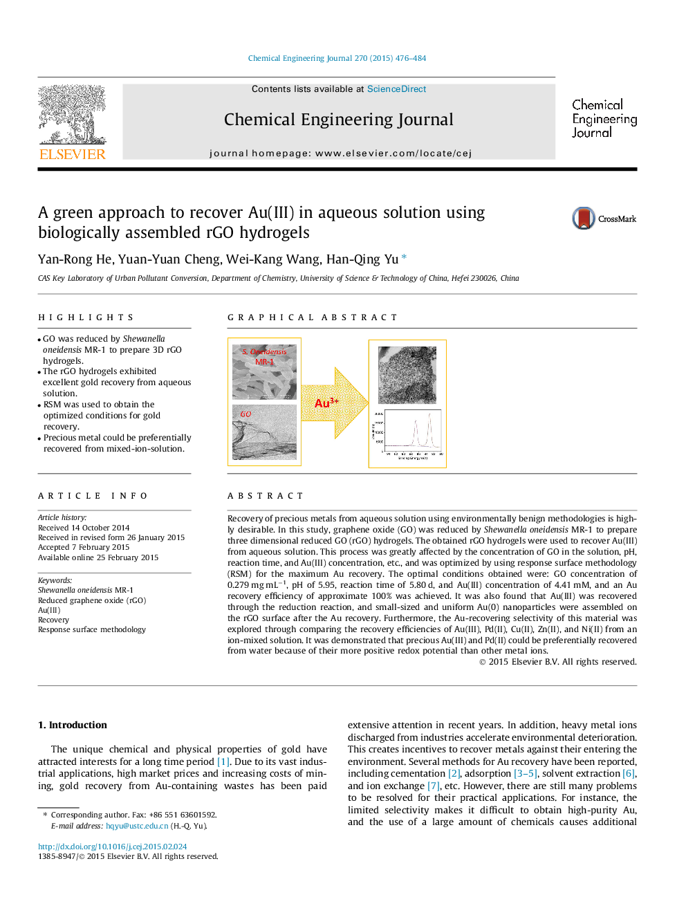 A green approach to recover Au(III) in aqueous solution using biologically assembled rGO hydrogels