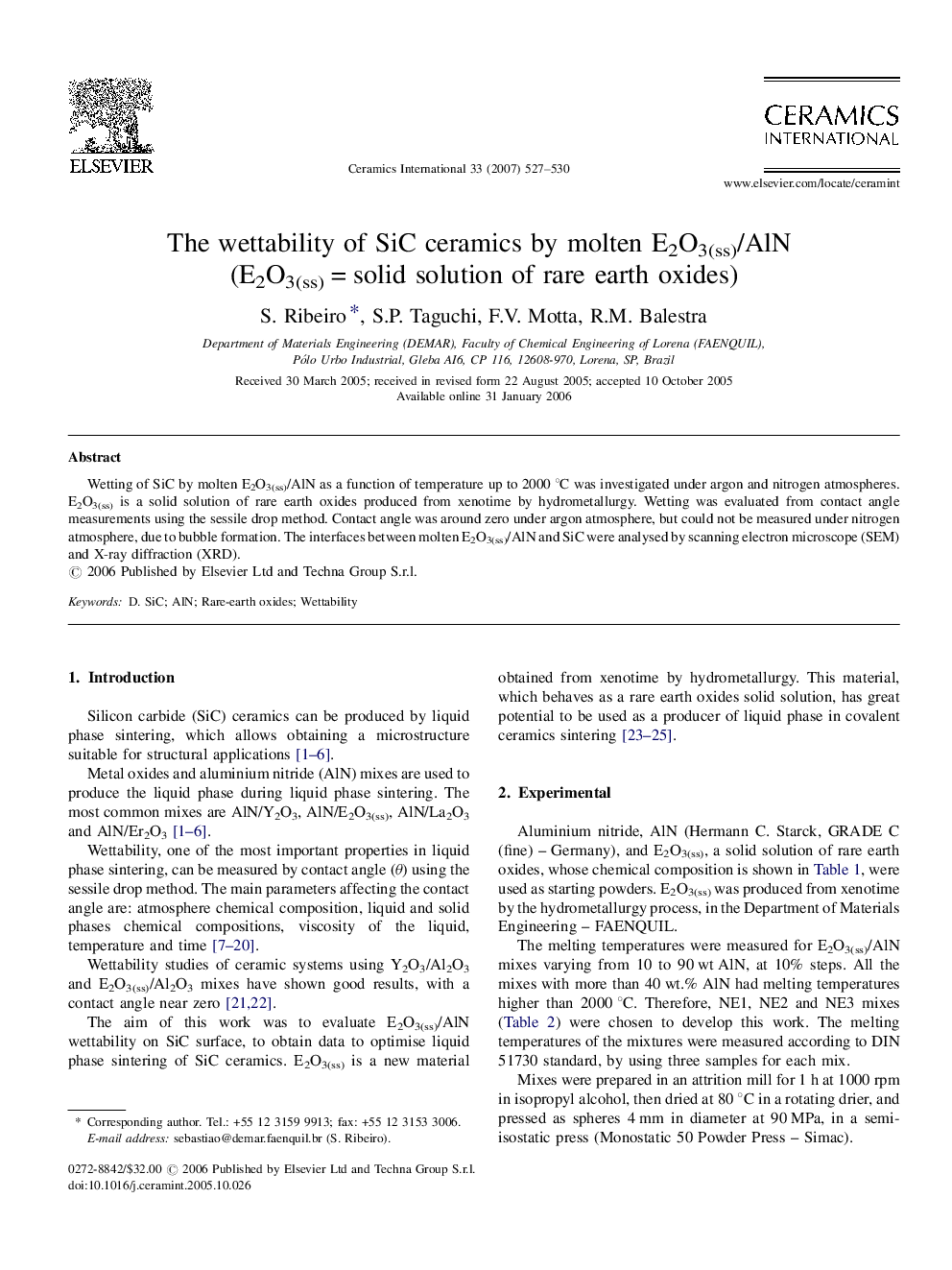 The wettability of SiC ceramics by molten E2O3(ss)/AlN (E2O3(ss) = solid solution of rare earth oxides)