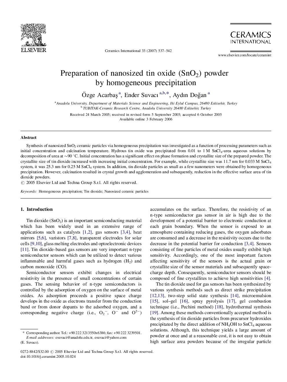 Preparation of nanosized tin oxide (SnO2) powder by homogeneous precipitation
